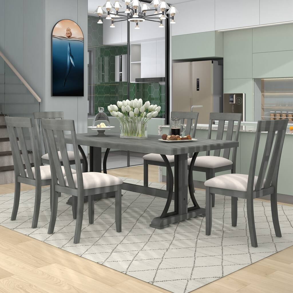 Retro Style Dining Table Set 78" Wood Rectangular Table and Dining ...
