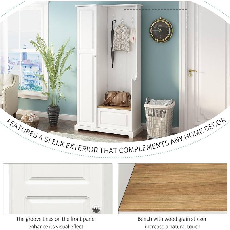 Multifunctional Hall Tree With 3 Hooks Flip-Up Bench Adjustable Shelves Entryway Coat Hanger