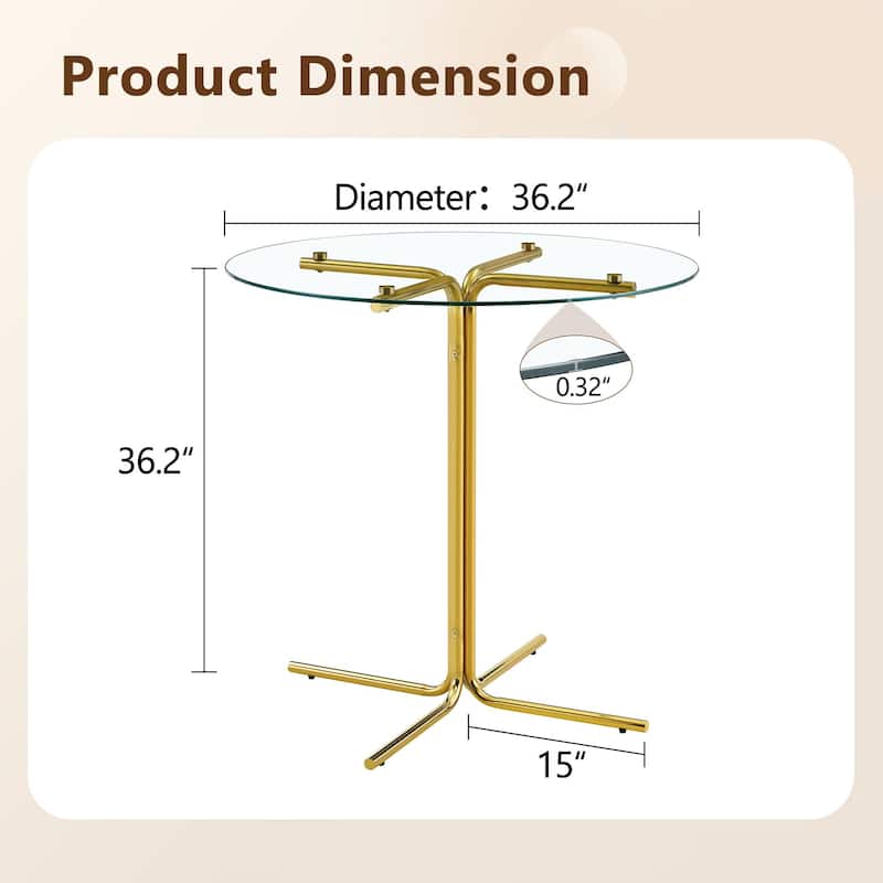 36" Round Glass Bar Table - Tempered Glass Top, Gold Chrome Column Base, Space-Saving Design
