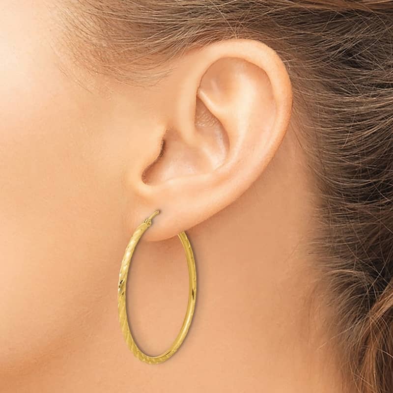 Curata 14k Yellow Gold Polished and Satin and Sparkle Cut Hoop Earrings - 40.5x40mm