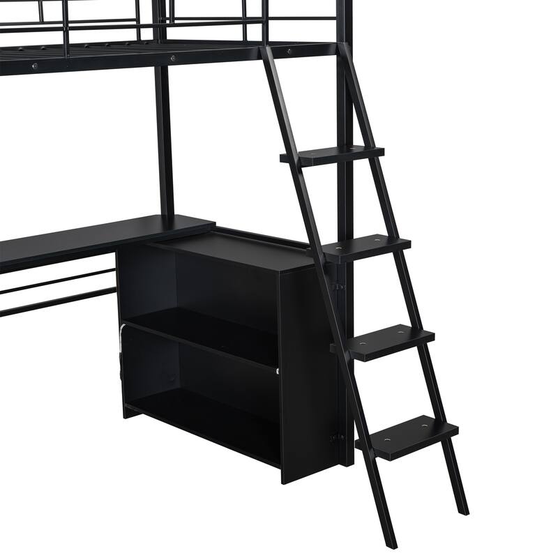 Full Size Loft Bed with Desk, LED Shelves, and Storage - Metal Frame with Guardrails and Ladder, Space-Saving Design for Teens