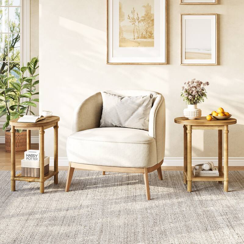 2-Tier Oval Side Table, Farmhouse End Table with Storage Shelves