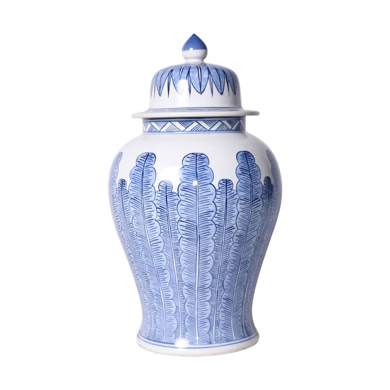 Blue And White Porcelain Temple Jar Banana Leaf Motif - 11x11x18