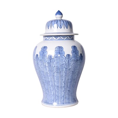 Blue And White Porcelain Temple Jar Banana Leaf Motif - 11x11x18
