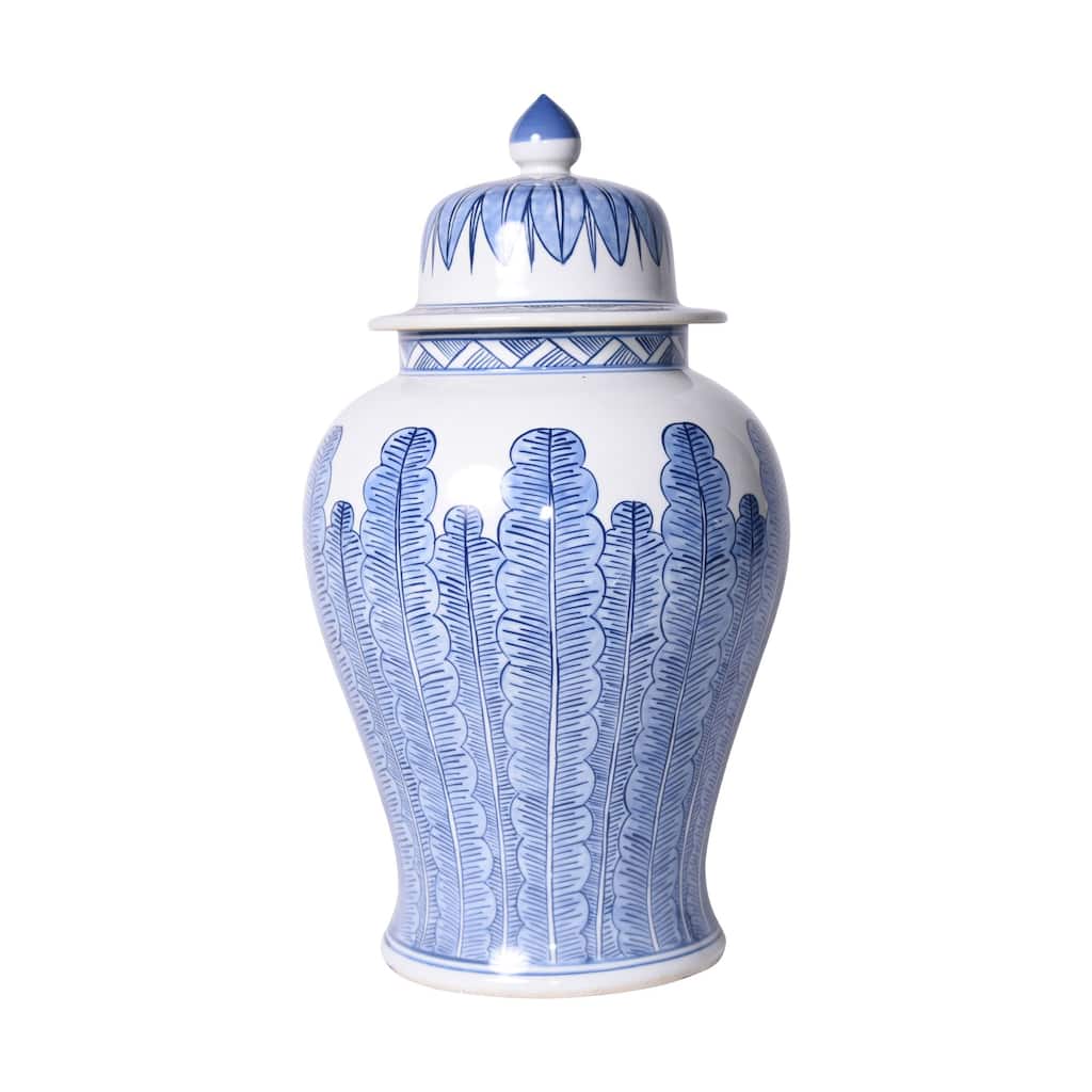 Blue And White Porcelain Temple Jar Banana Leaf Motif - 11x11x18