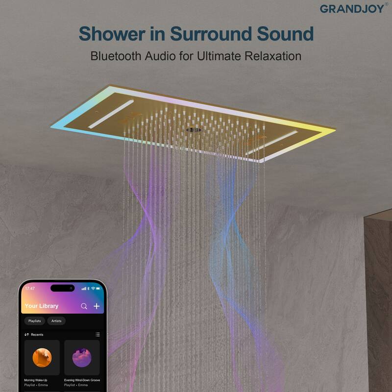 GRANDJOY Thermostatic Triple-Function LED Rain and Waterfall Shower System with Handheld and Built-In Music