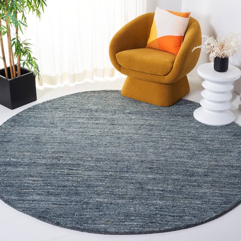 SAFAVIEH Handmade Himalaya Deco Frame & Contemporary Solid Ivory Wool - 7' x 7' Round - Blue/Gold - Runner/Round