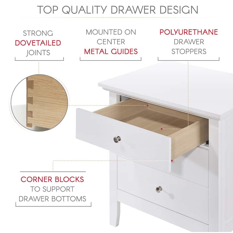 White Nightstand 26x24x18 with Three Spacious Drawers, Compact Bedside Table for Bedroom Storage and Bright Stylish Accent