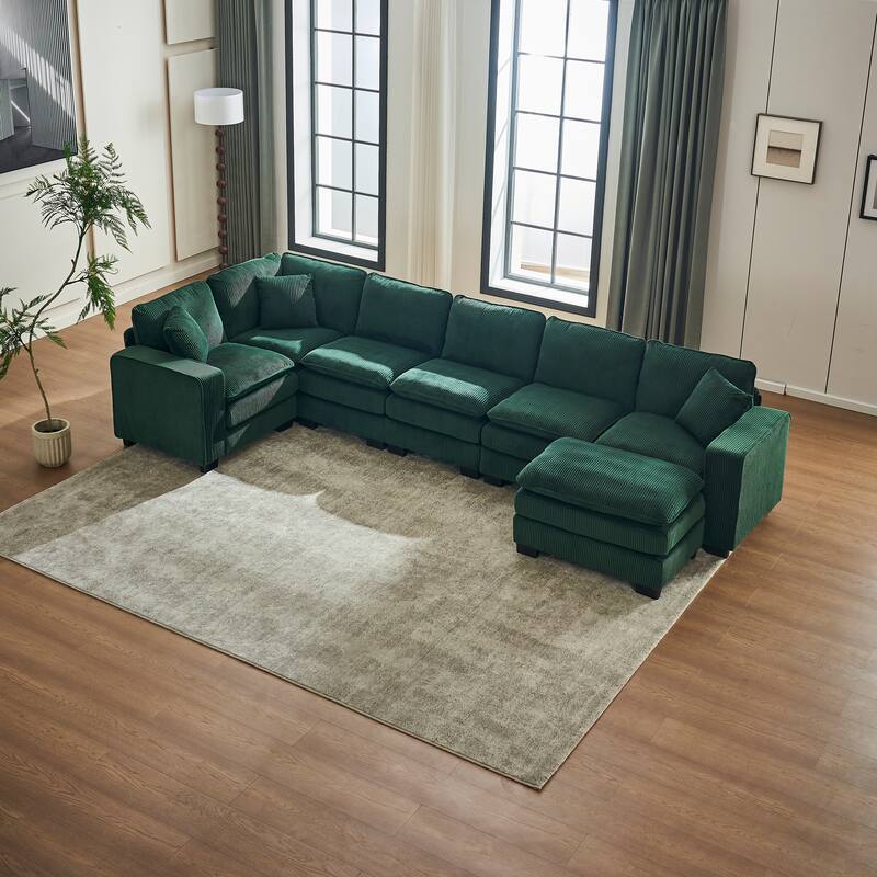 Green 118.1'' Luxurious U-Shaped 6-Seat Sectional Sofa with Ottoman and 3 Throw Pillows, Durable Corduroy Upholstery