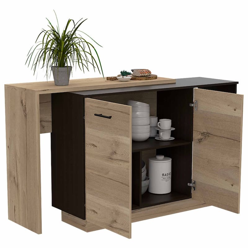 Black and Light Oak Contemporary Kitchen Island with Bar Table - 20" X 40" X 20"