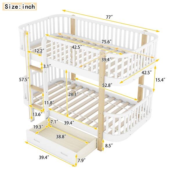 dimension image slide 1 of 2, Wood Twin over Twin Bunk Bed with Fence Guardrail and a Big Drawer