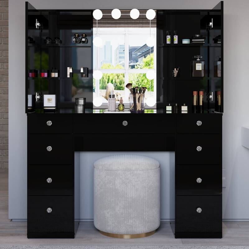 Boahaus w/Tri-Fold Lighted Makeup Vanity Desk With Glam Glass Top 9 Drawers