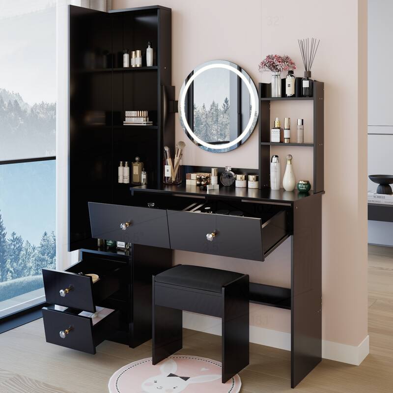 Versatile Vanity Table Set with LED Mirror and Storage
