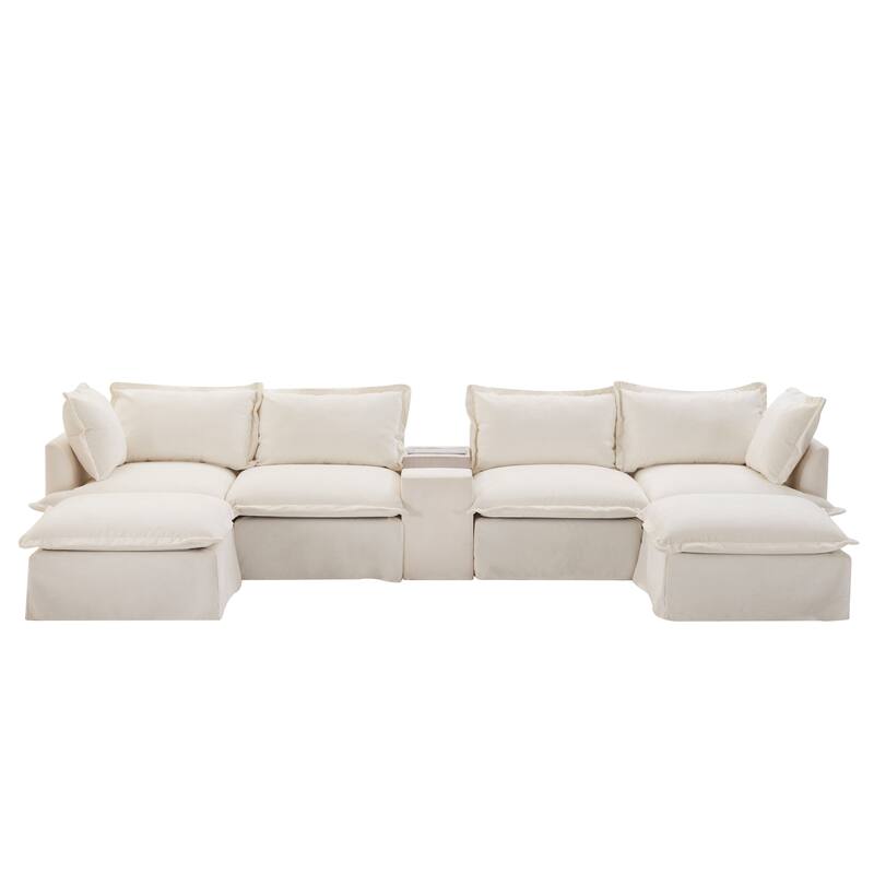 U Shaped Modular Sectional Sofa w/Ottoman, Console, Cup Holder, USB