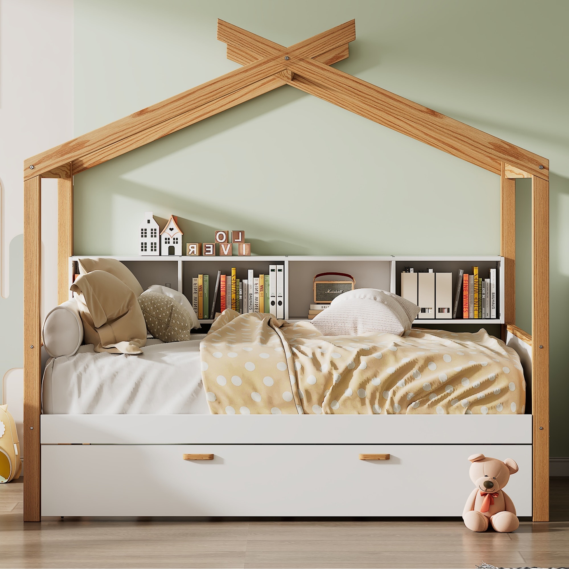 Kids Wooden House Bed with Bookshelf & Trundle