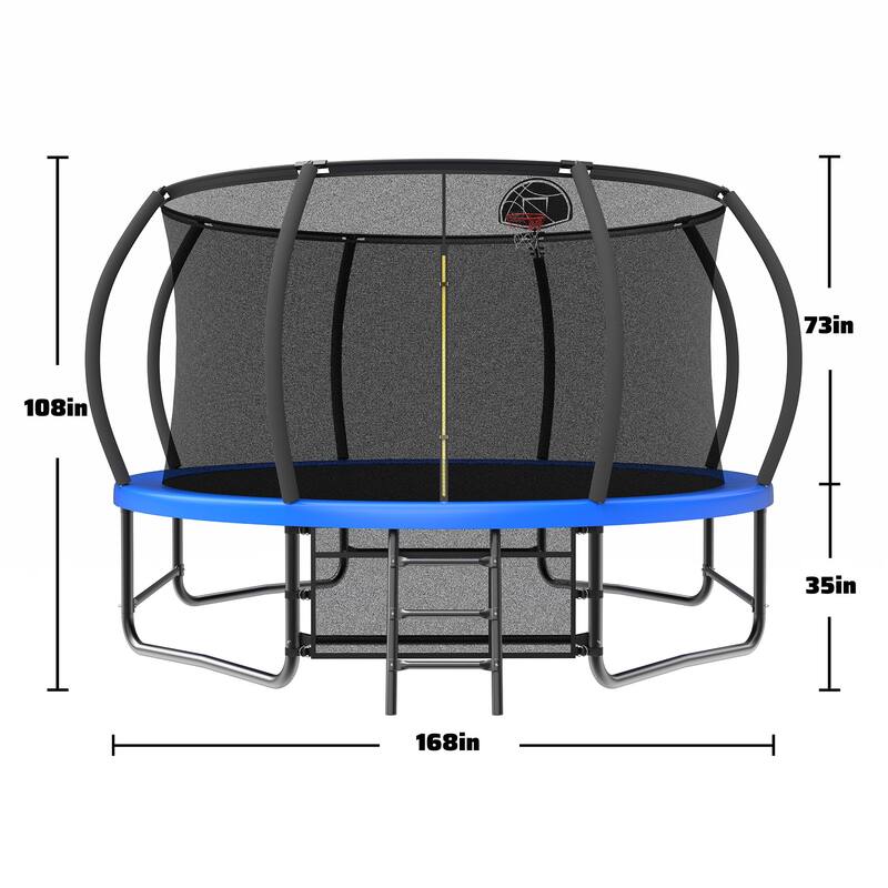 14FT Trampoline with Enclosure Recreational Trampolines with Ladder and AntiRust Coating, ASTM Approval Trampoline for Kids