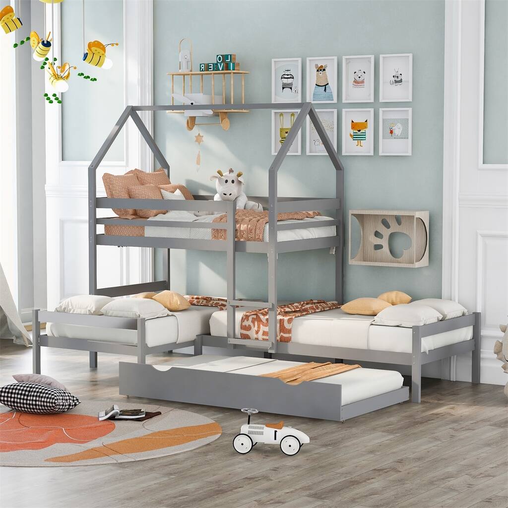 Merax Twin over Twin over Twin Triple Bed Bunk bed with Trundle, Wooden House Bed