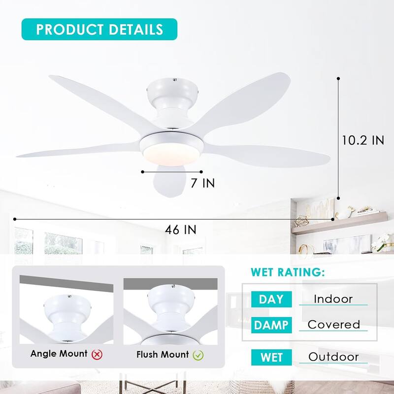 46" Modern Flush Mount Ceiling Fan with LED Light and Remote APP Control Reversible DC Motor for Living Room Bedroom - 46 Inches