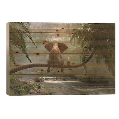 Elephant And Dog Sit On A Palm Tree In Tropical Forest Print On Wood by Mike Kiev - Multi-Color