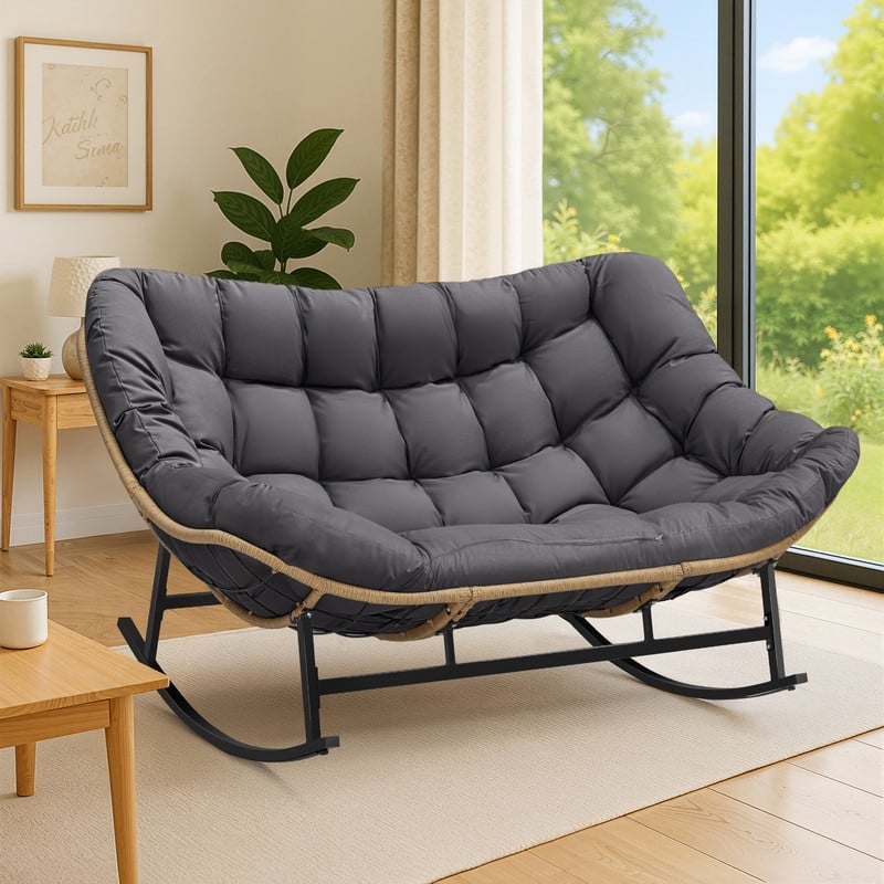 FINCATI Oversized Double Rocking Chair Outdoor Indoor, 40" D x 58" W Double Papasan Rocking Chair with Padded Cushion