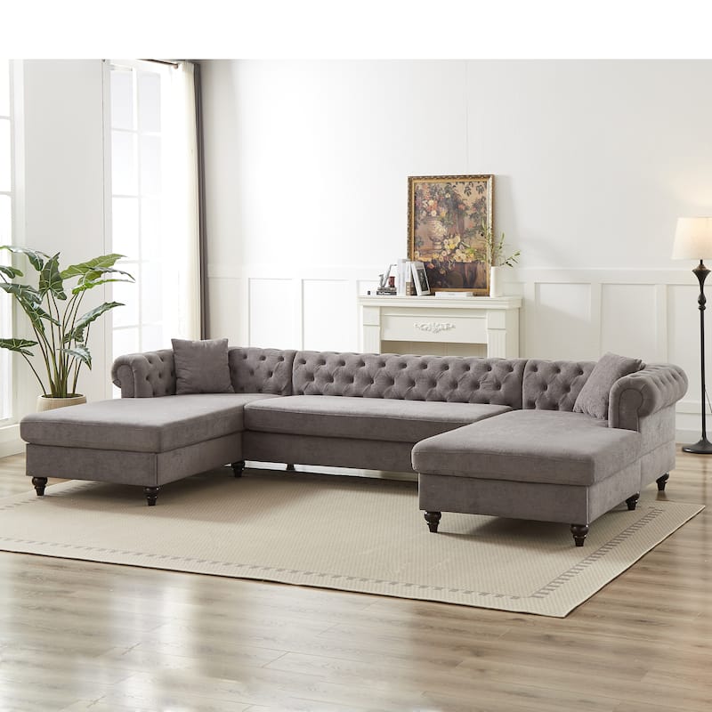 Chenille U-Shaped 5-Seater Sofa with Pull Point Design and Wooden Legs