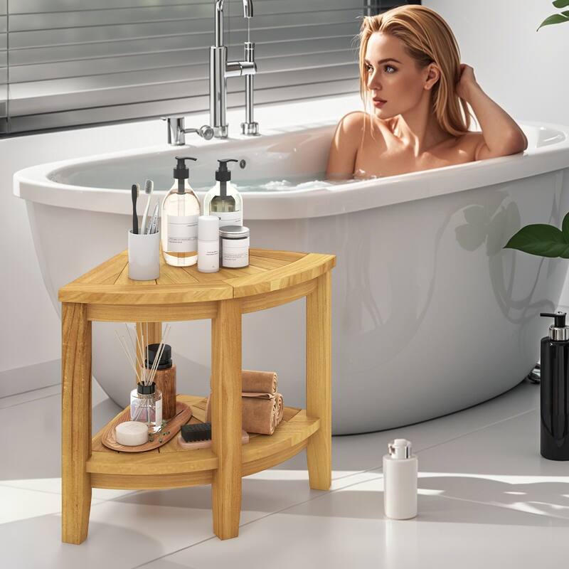 Gymax Corner Shower Stool Teak Wood Shower Bench w/ Storage Shelf