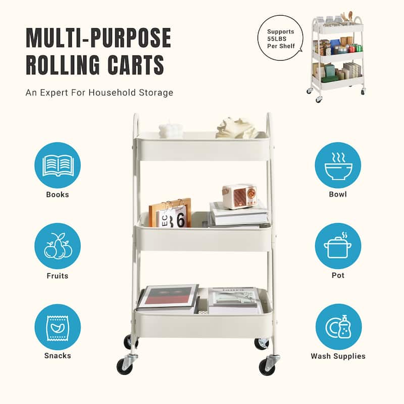 Versatile 3-Tier Rolling Storage Cart - Locking Wheels, Heavy Duty Metal Frame for Home & Office Organization