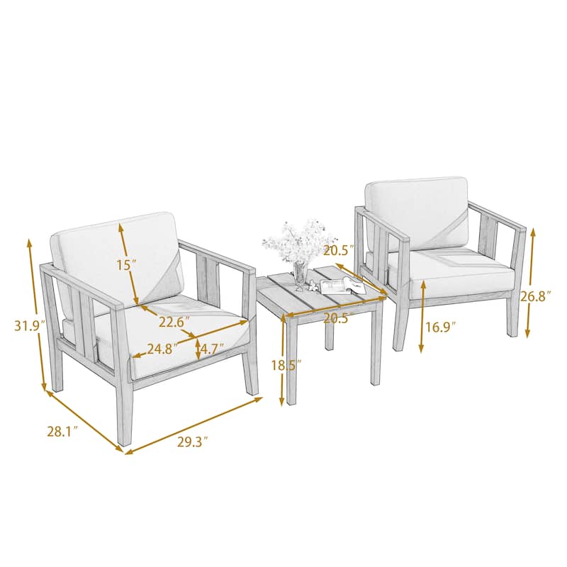 Uixe 3-piece Teak Solid Wood Outdoor Arm Chairs with Side Table Set