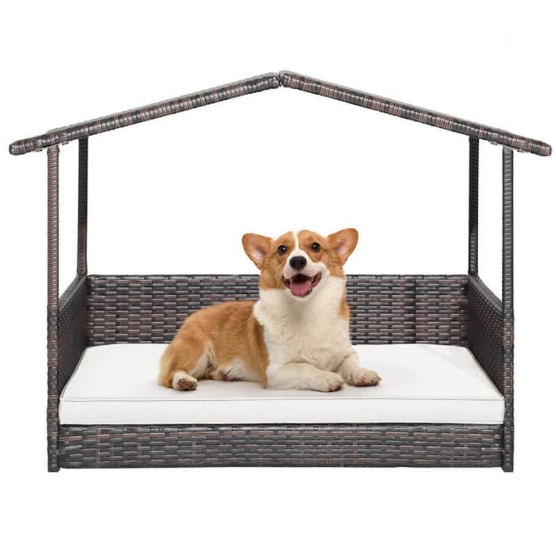 Dog House Outdoor With Canopy, Rattan Dog Bed With Water-Resistant Cushion - 38.5" x 27" x 28.5"