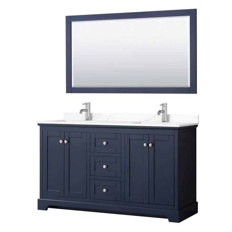 Avery 60-inch Double Vanity, Quartz Top, 58-inch Mirror - Dark Blue, Chrome Trim, Giotto Quartz Top