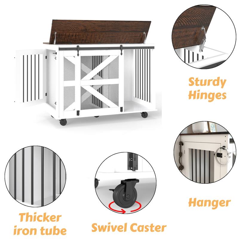 Mobile Dog Crate with Flip-Top Feeding Door, 2-in-1 Convertible Crate with 5 Casters & Side Hooks, Double Dog Crate Furniture