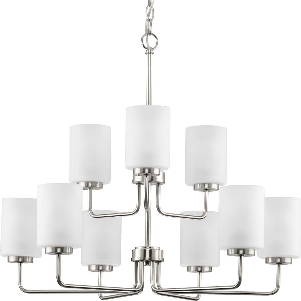 Merry Collection Nine-Light Brushed Nickel and Etched Glass Transitional Style Chandelier Light - 28 in x 28 in x 24 in