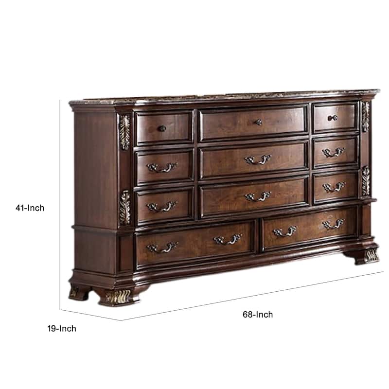 Prio Wide Dresser, 11 Drawers, Marble Top, Carved Cherry Brown Wood