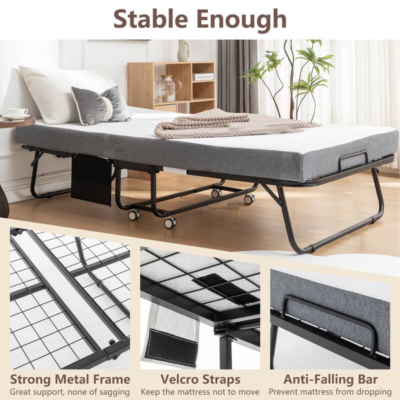 Folding Bed with Mattress, SPortable Foldable Bed with Storage Cover, SRollaway Bed with Memory Foam Mattress and Metal Frame