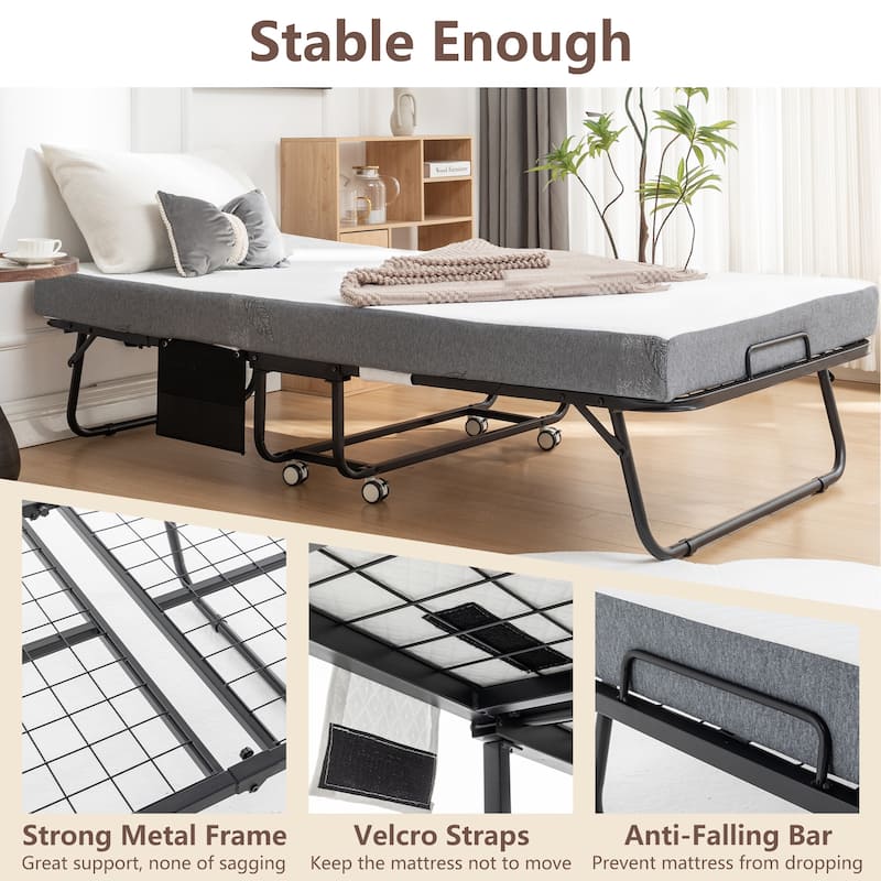 Twin XL Size Metal Frame Foldable Bed with Memory Foam Mattress and Wheels (350lb Capacity)