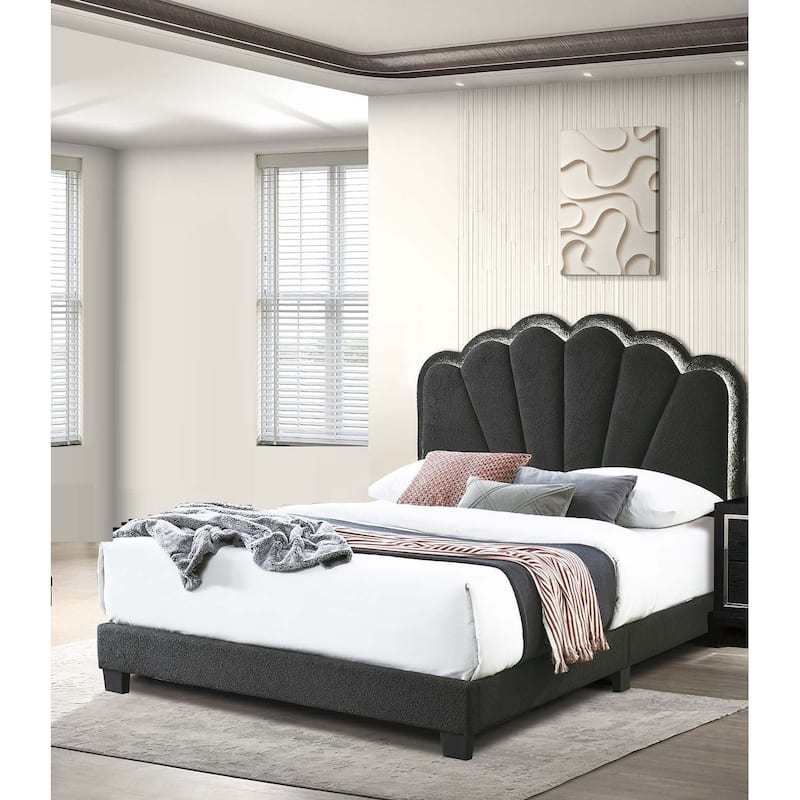 Modern Style 1pc Bed Set Scalloped Tufting Built In LED lights Charcoal Finish Bedroom Furniture