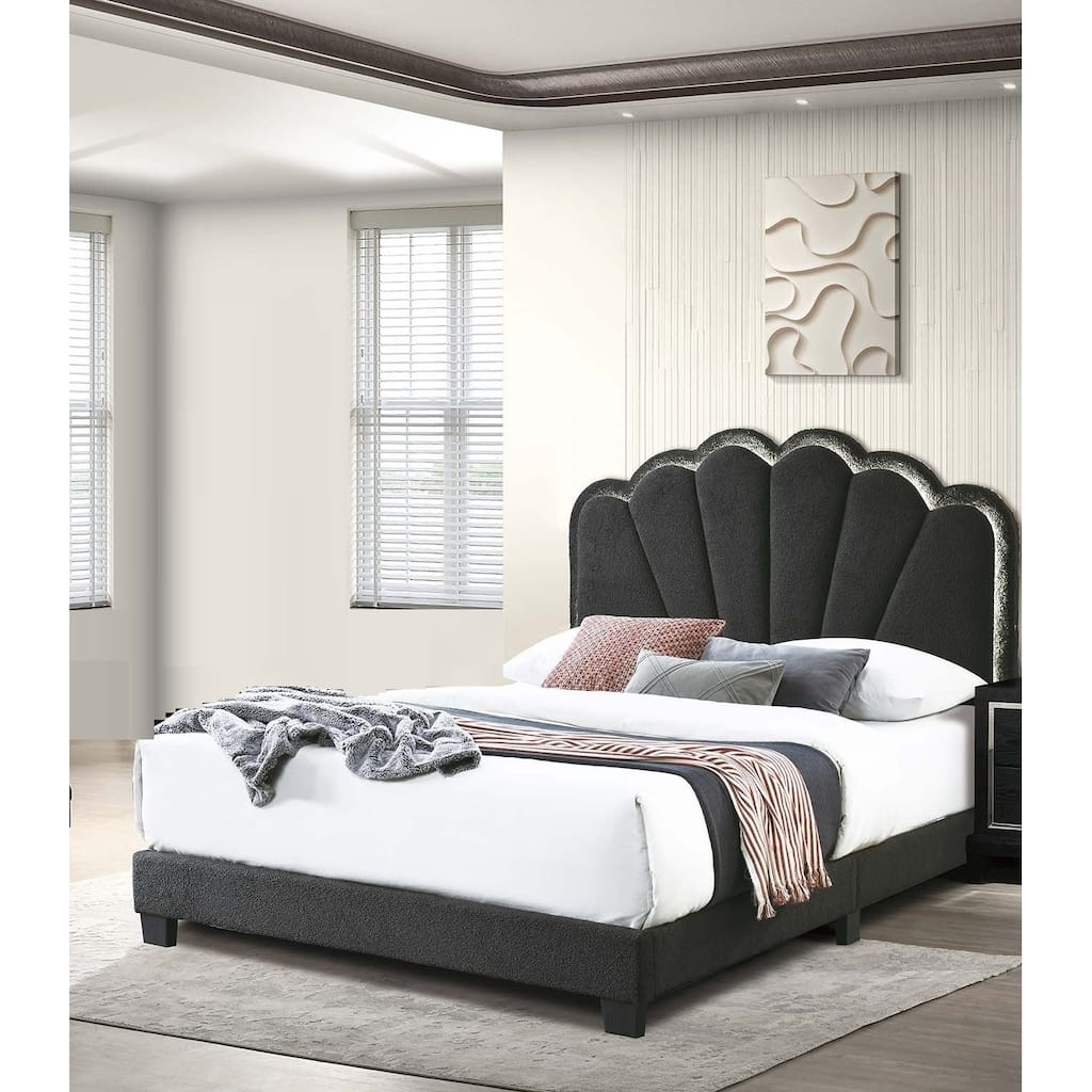 Modern Style 1pc Bed Set Scalloped Tufting Built In LED lights Charcoal Finish Bedroom Furniture