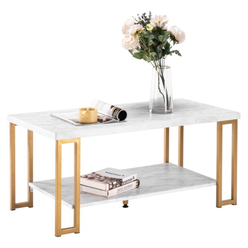 White and Gold Rounded Coffee Table with Faux Marble Top and Metal Legs Perfect for Living Room - 39.73 x 20.08 x 18.11