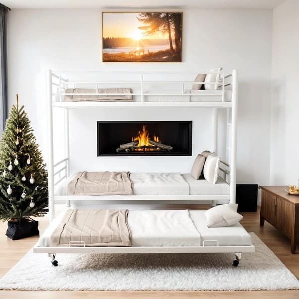 slide 2 of 10, Heavy-Duty Sturdy Metal Twin over Twin Bunk Bed with Trundle, Noise-Reduced Design, and Safety Guardrail for 3 Kids, White