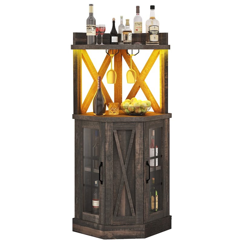 72" Tall Farmhouse Corner Bar Cabinet with Glass Door & LED Lights