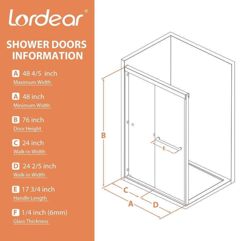 Lordear 48" x 76" Glass Shower Door Aluminum Frame Double Sliding Adjustable Shower Enclosure - 48 in.W x 76 in H.