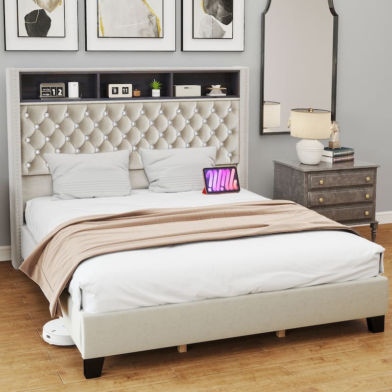58" Tall Wingback Storage Headboard Bed Frame with USB Charging Stations and Deep Button Tufted