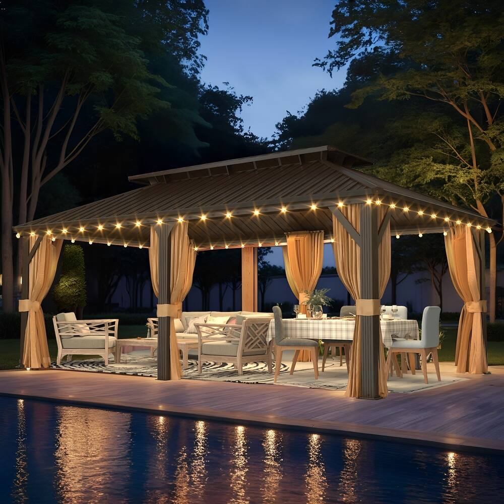 Hardtop Gazebo, Aluminum Frame Permanent Pavilion with Curtains and Netting, Outdoor Double Roof for Patios