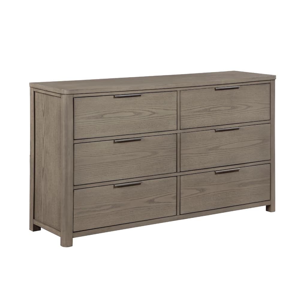 Dely Wide Dresser, 6 Drawers, Chrome Edge Handles, Modern Rustic Gray