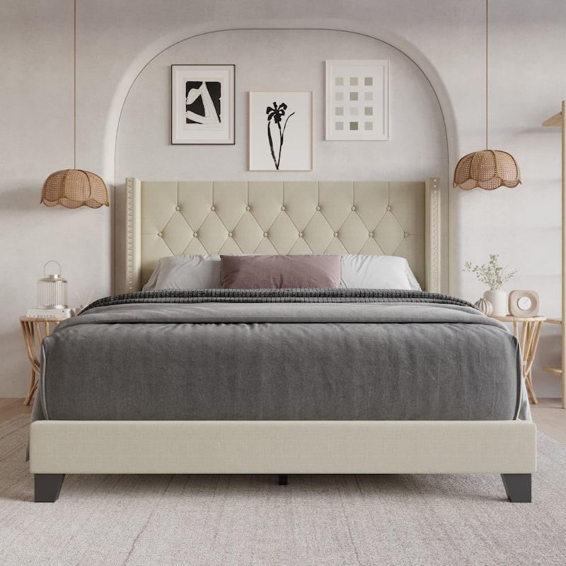 Homer Tufted Upholstered Panel Bed - Linen Beige - Twin