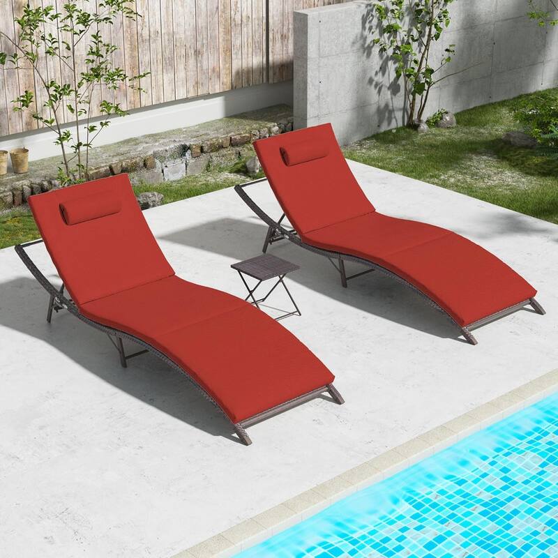3-Pieces Wicker Outdoor Chaise Lounge Set w/ Two Foldable Lounge Chairs and one Side Table