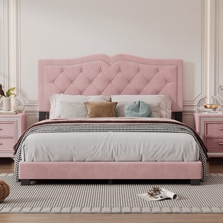 Queen Size Velvet Platform Bed with Tufted Headboard and Rivet Design