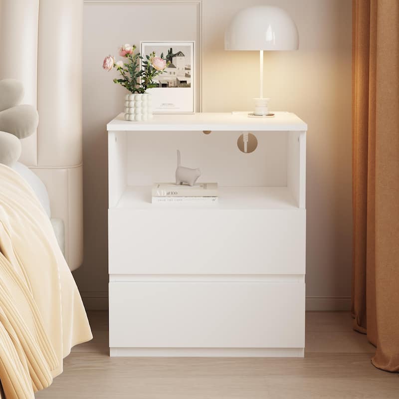 Nightstand with Charging Station, Sofa Side Table with Open Shelves & 2 Drawers, Large Capacity Wood Storage Cabinet