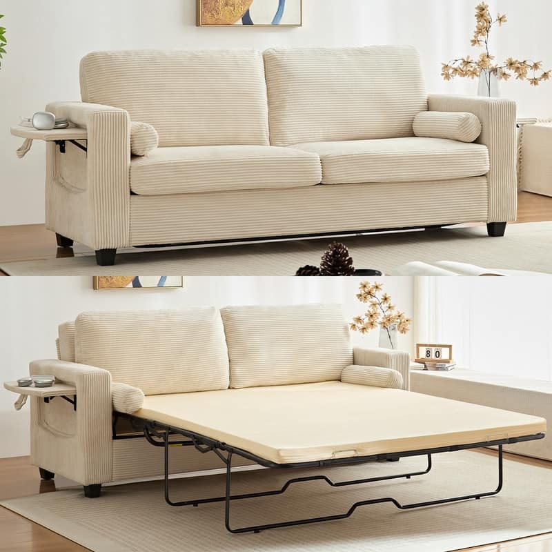 Mixoy Convertible 2-in-1 Pull Out Sleeper Sofa Bed Loveseat with 2 Wing Table and Memory Foam Mattress - Beige - 64.2''W×85''D×18.5"H
