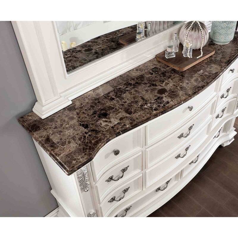 Traditional Pearl White Finish 4 PC Bedroom Furniture Set Bed Dresser Mirror Nightstand